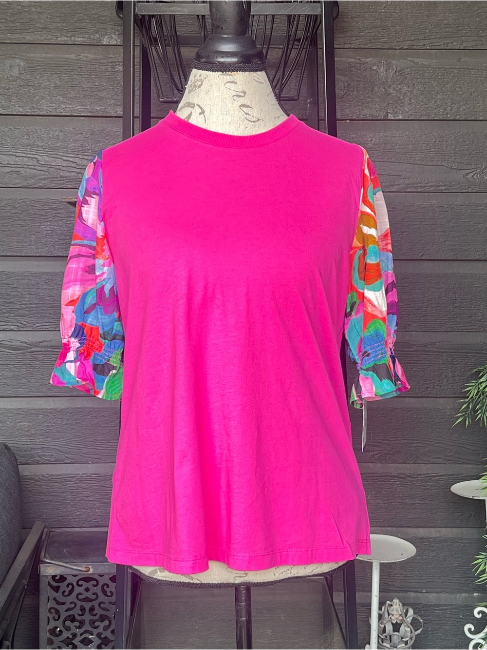 Johnny Was Mixed Media Ruffle Smocked Tee S